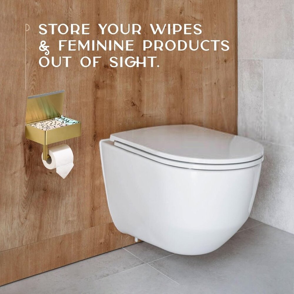 Day Moon Brushed Gold Toilet Paper Holder with Shelf, Wipe Holder for Bathroom F - Picture 7 of 8